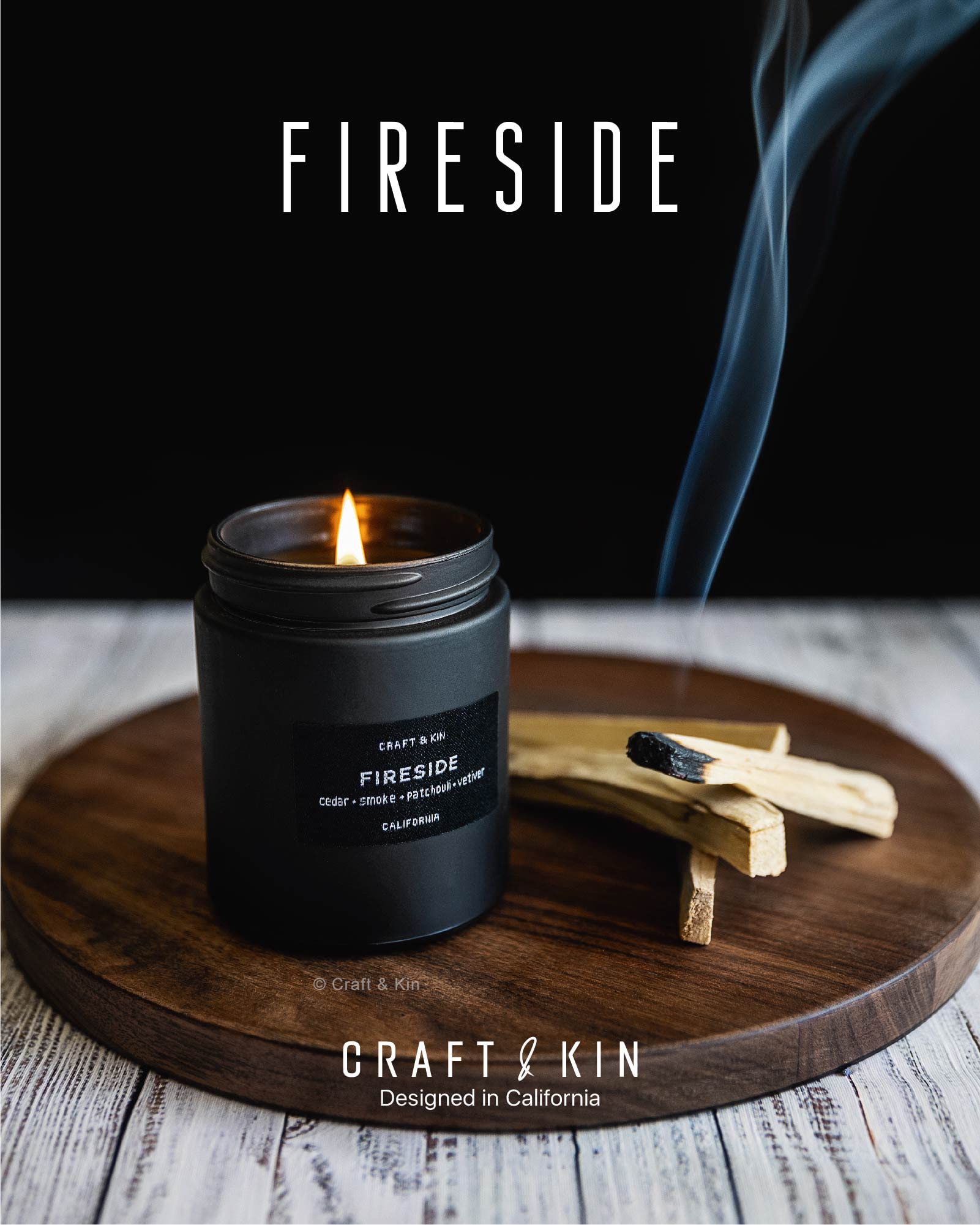 Craft & Kin Smokey Fireside Candle | Scented Candle for Men | Soy Candles | Masculine Candle | Wood Wicked Candles | Aromatherap
